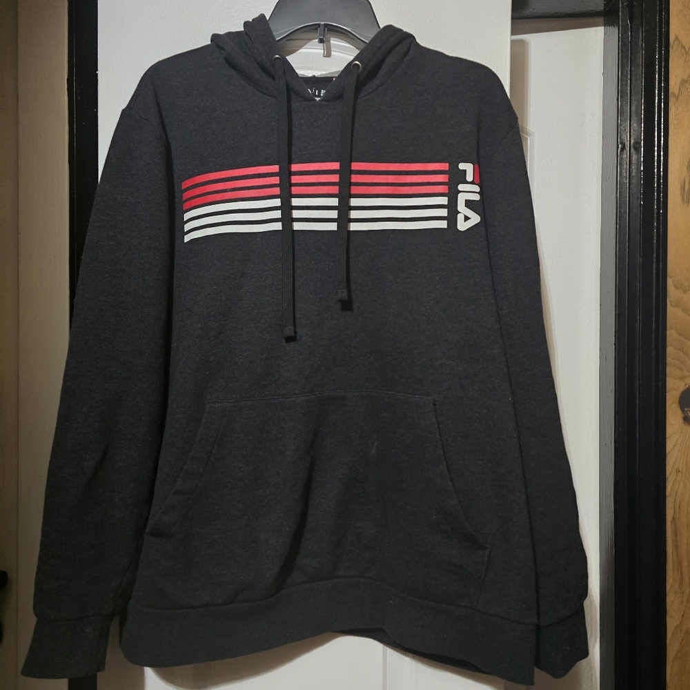 Fila Men's Dark Grey Hoodie w Red & White Stripes On The Chest - Size Large